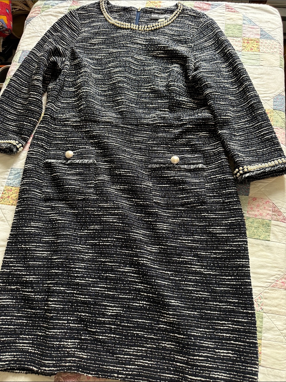 W—Karl Lagerfeld Navy and White Tweed Top with Pearl Trim